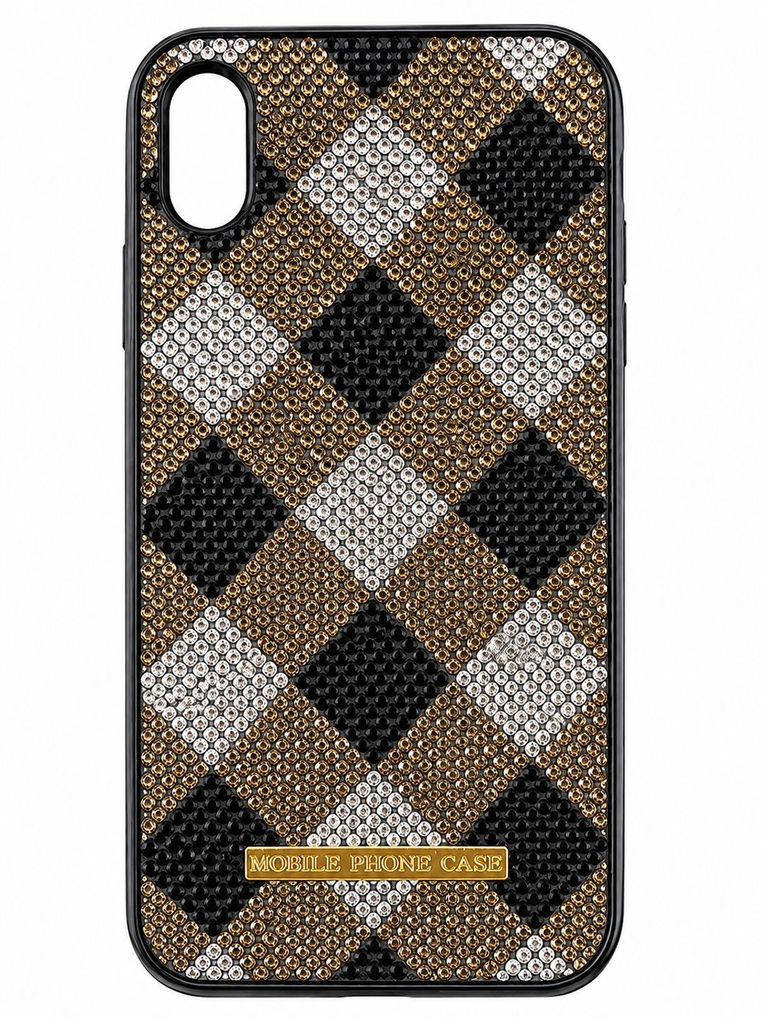 Luxury Chevron Rhinestone Diamond Checks Pattern Phone Case  for Iphone XR-Gray Black and Silver Stones