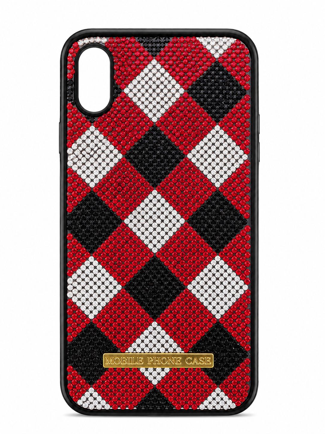 Luxury Chevron Rhinestone Diamond Checks Pattern Phone Case  for Iphone XR-Ruby Red, Black and Silver Stones
