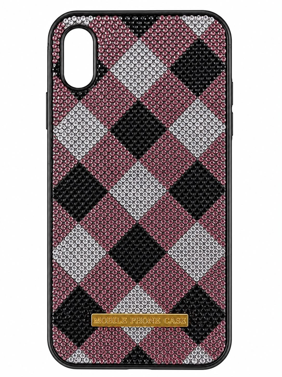 Luxury Chevron Rhinestone Diamond Checks Pattern Phone Case  for Iphone XR-Pink, Black and Silver Stones