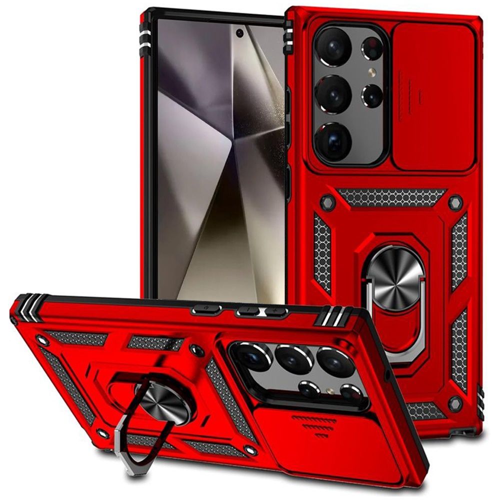 Well Protective Magentic Ring Stand Camera Protective Cover Case For Samsung s25 Ultra- Red