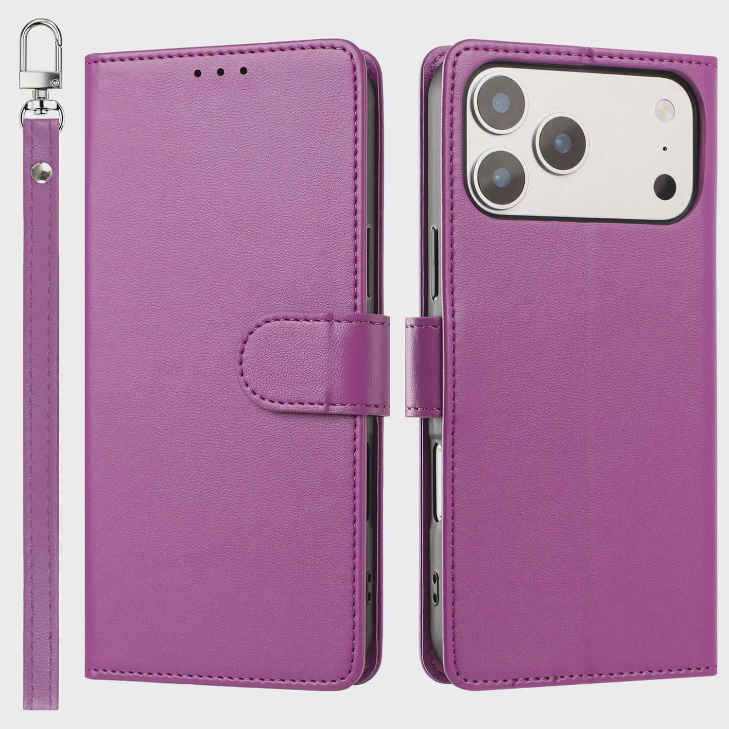 IPhone 17 Pro Max Classic Leather Wallet Folio Case with wrist strap - Purple