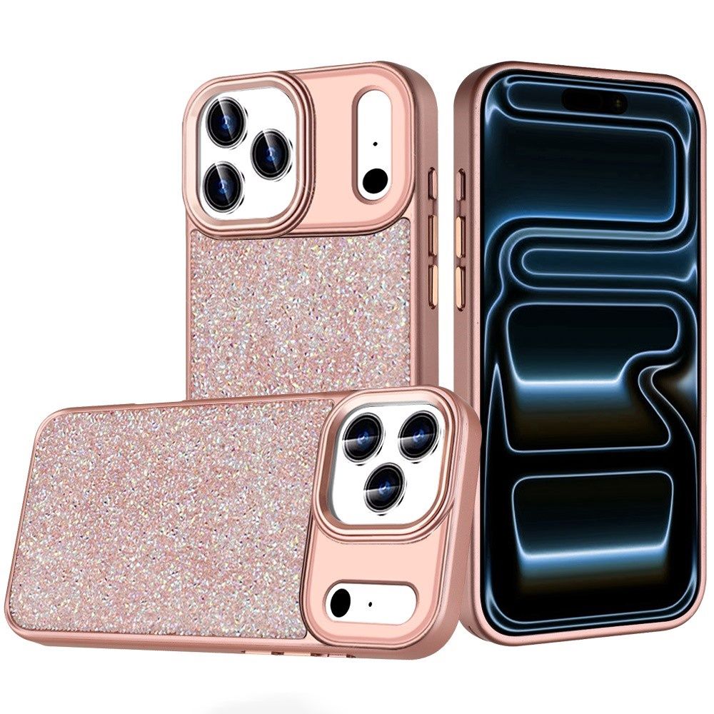 IPhone 17 Pro Max Crystal Glass Diamond with Metallic Buttons and Edges Hybrid Case - Rose Gold