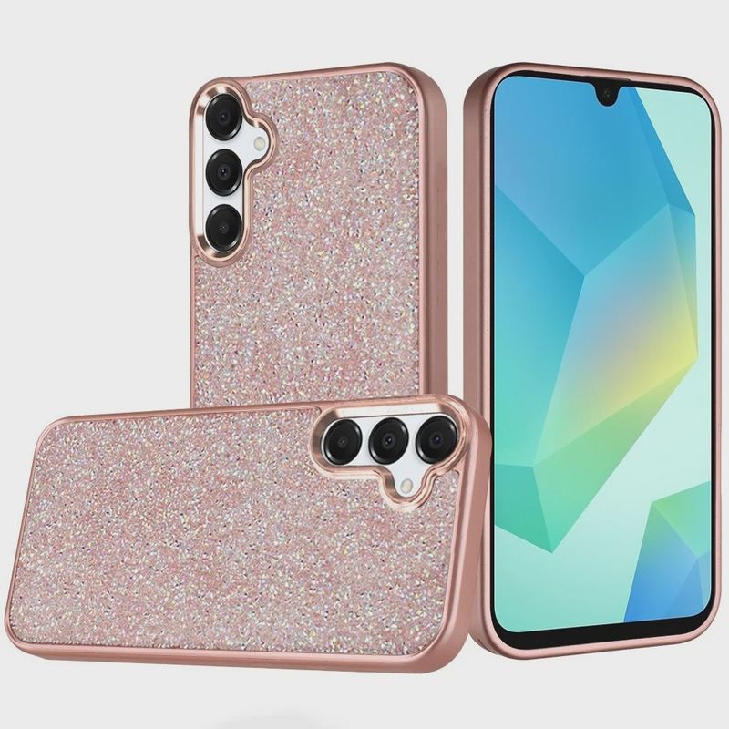 Samsung A16 5G Crystal Glass Diamond with Metallic Buttons and Edges Hybrid Case - Rose Gold