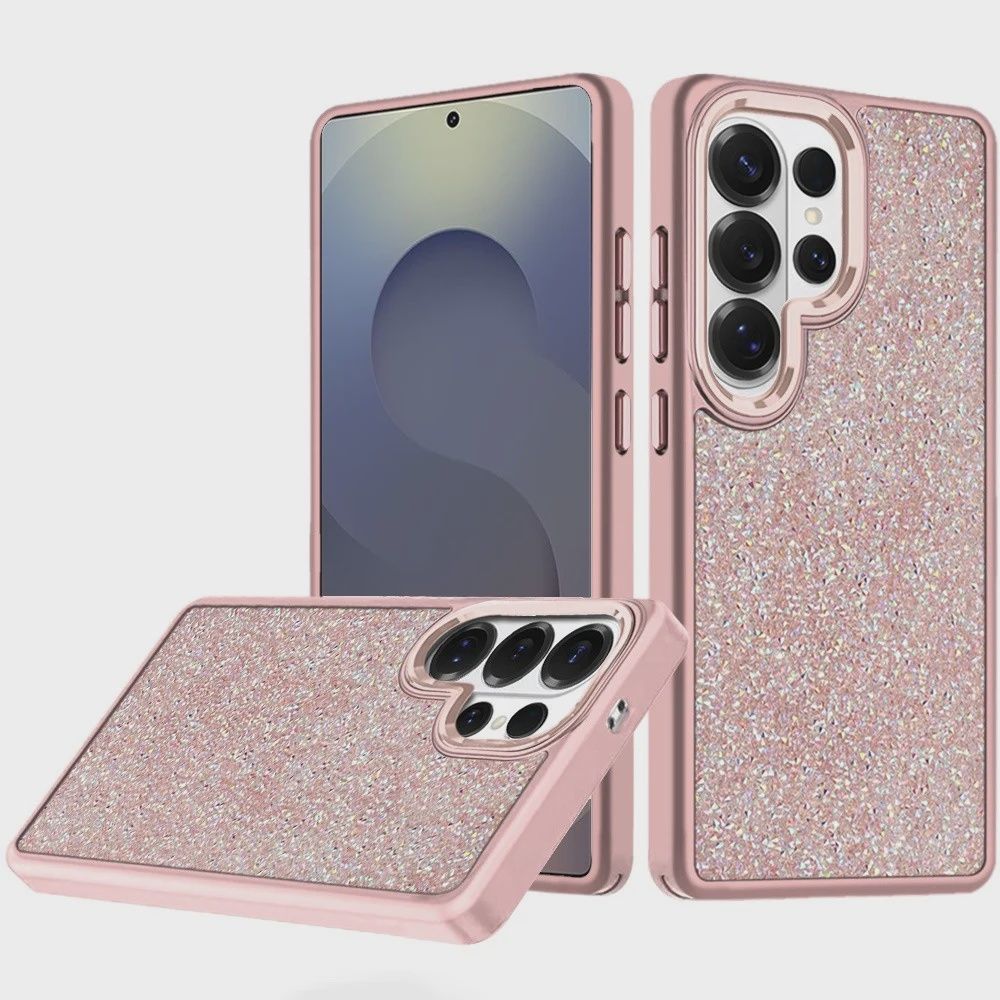 Samsung s25 Ultra Crystal Glass Diamond with Metallic Buttons and Edges Hybrid Case - Rose Gold