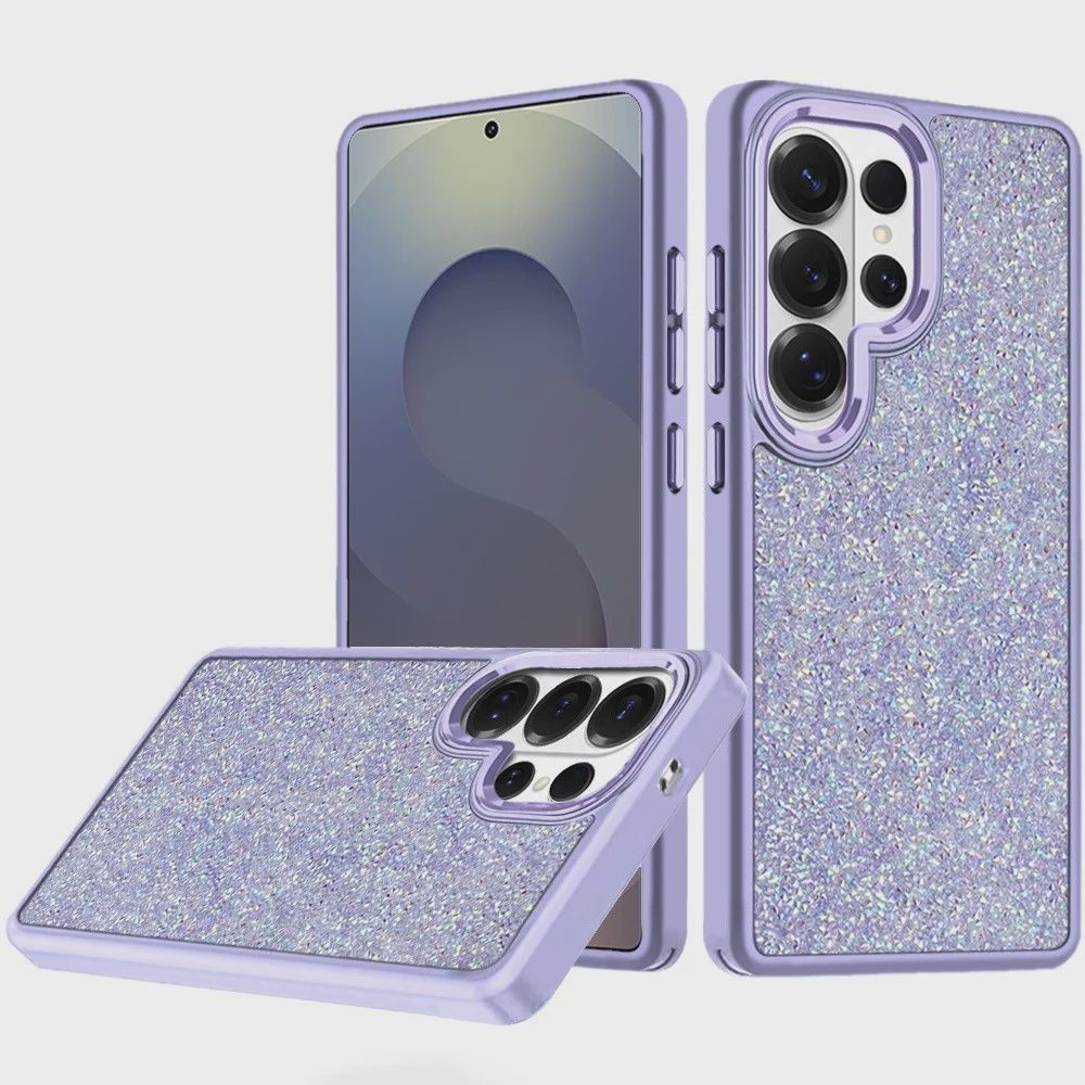 Samsung s25 Ultra Crystal Glass Diamond with Metallic Buttons and Edges Hybrid Case -Dark Purple