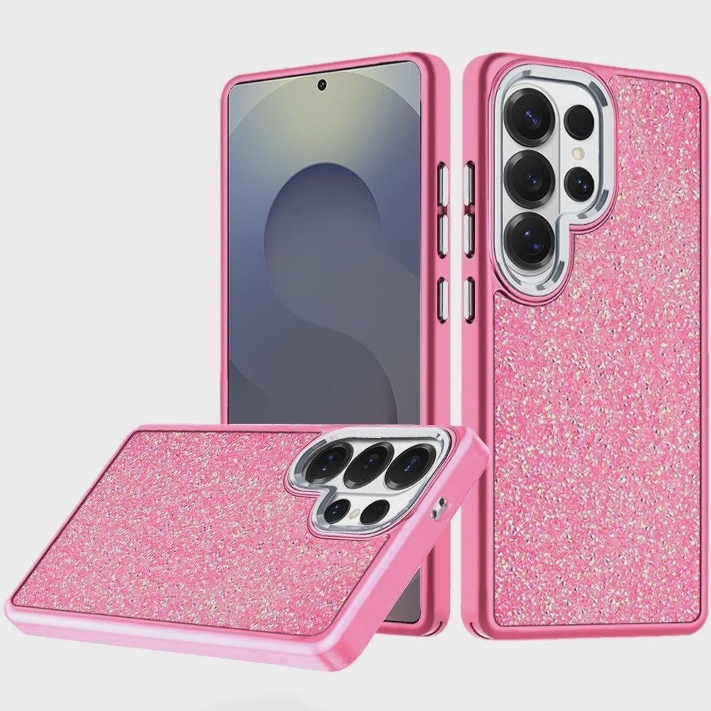 Samsung s25 Ultra Crystal Glass Diamond with Metallic Buttons and Edges Hybrid Case - Hot Pink