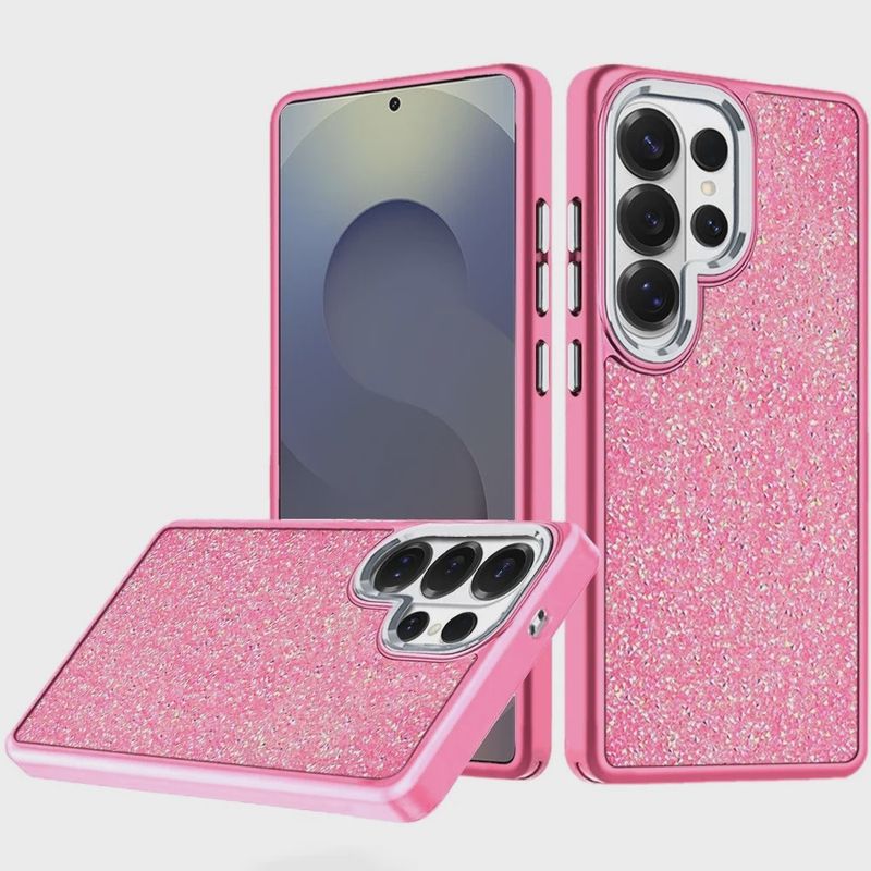 Samsung s25 Ultra Crystal Glass Diamond with Metallic Buttons and Edges Hybrid Case - Hot Pink