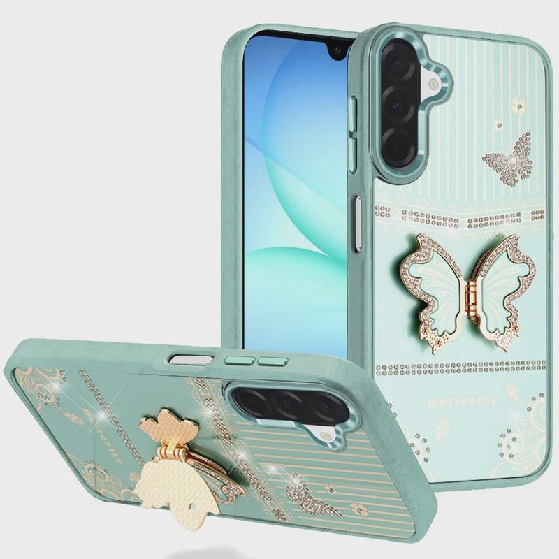 For Samsung A17 5G Splendid Glitter Butterfly Design Stand with Metallic Edges Hybrid Case - Teal