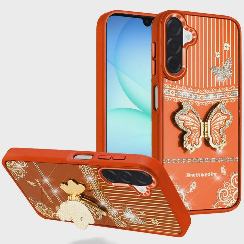 Samsung A17 5G Splendid Glitter Butterfly Design Stand with Metallic Edges Hybrid Case - Cosmic Orange