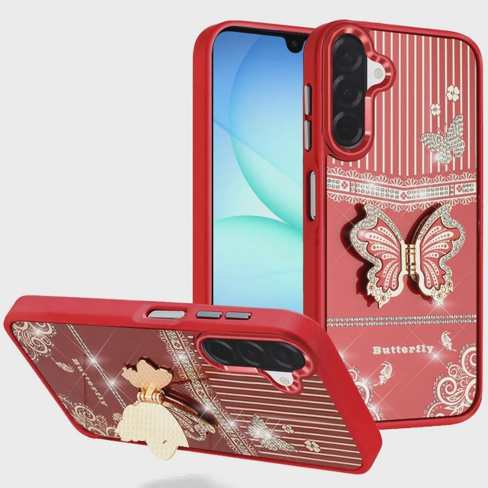 For Samsung A17 5G Splendid Glitter Butterfly Design Stand with Metallic Edges Hybrid Case - Red