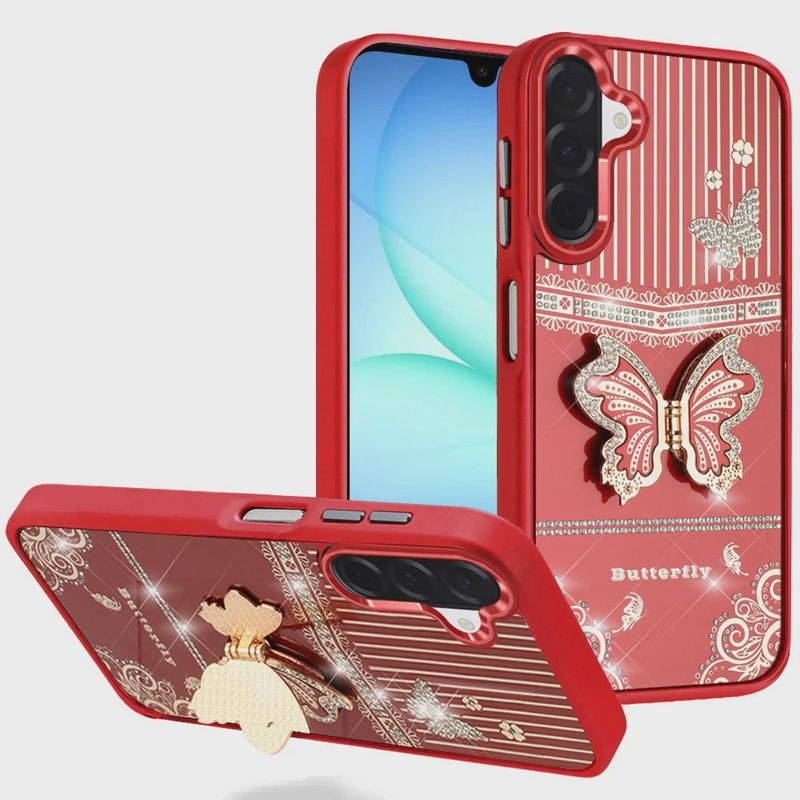 For Samsung A17 5G Splendid Glitter Butterfly Design Stand with Metallic Edges Hybrid Case - Red