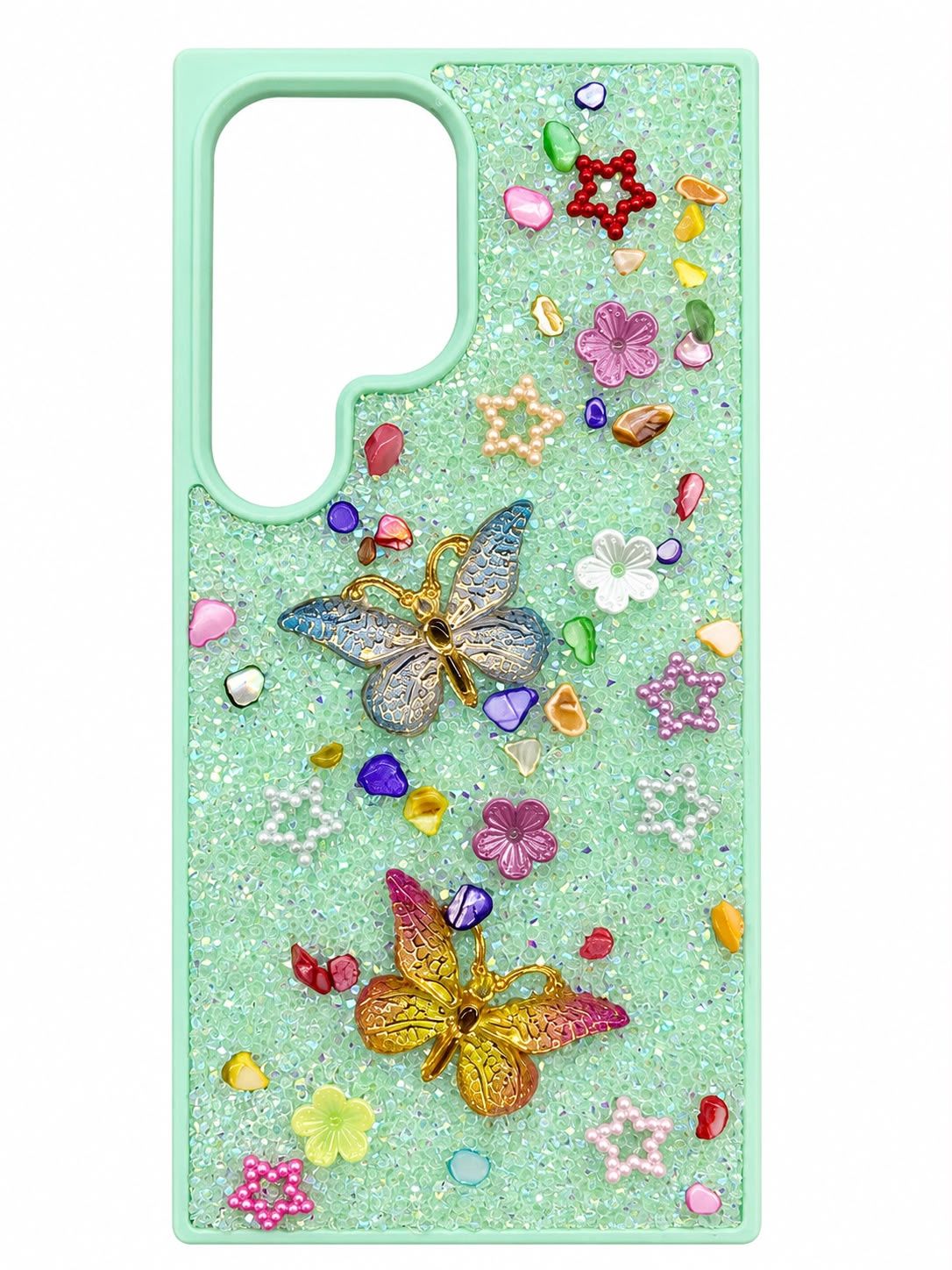 For Samsung S24 Ultra Butterfly Ornaments Diamond Bling Glitter Hybrid Case - Green