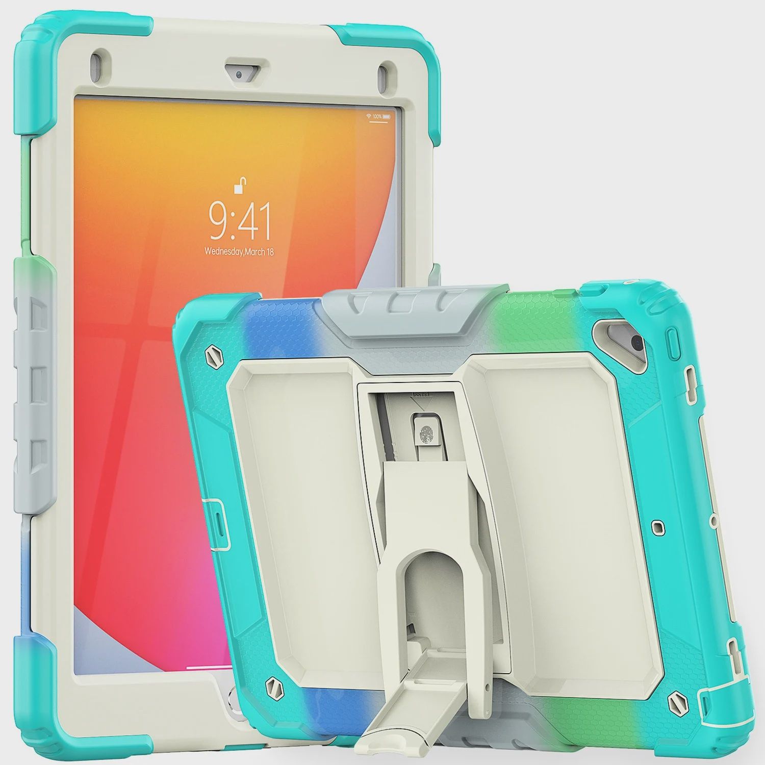 IPad 9.7 inch Heavy Duty Full Body Rugged Tablet Kickstand Case Cover - Beige/Camo Mint
