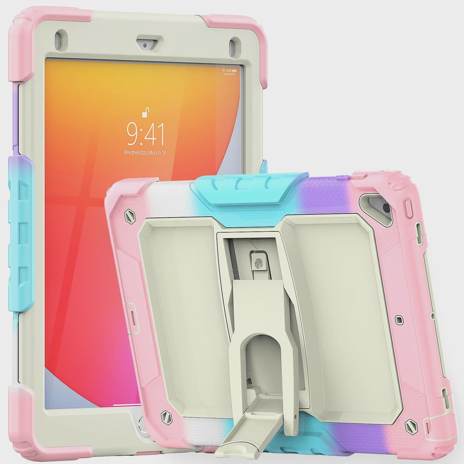 IPad 9.7 inch Heavy Duty Full Body Rugged Tablet Kickstand Case Cover - Beige/Camo Pink