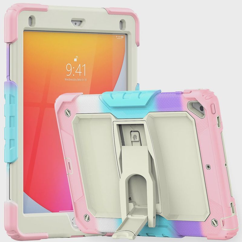IPad 9.7 inch Heavy Duty Full Body Rugged Tablet Kickstand Case Cover - Beige/Camo Pink