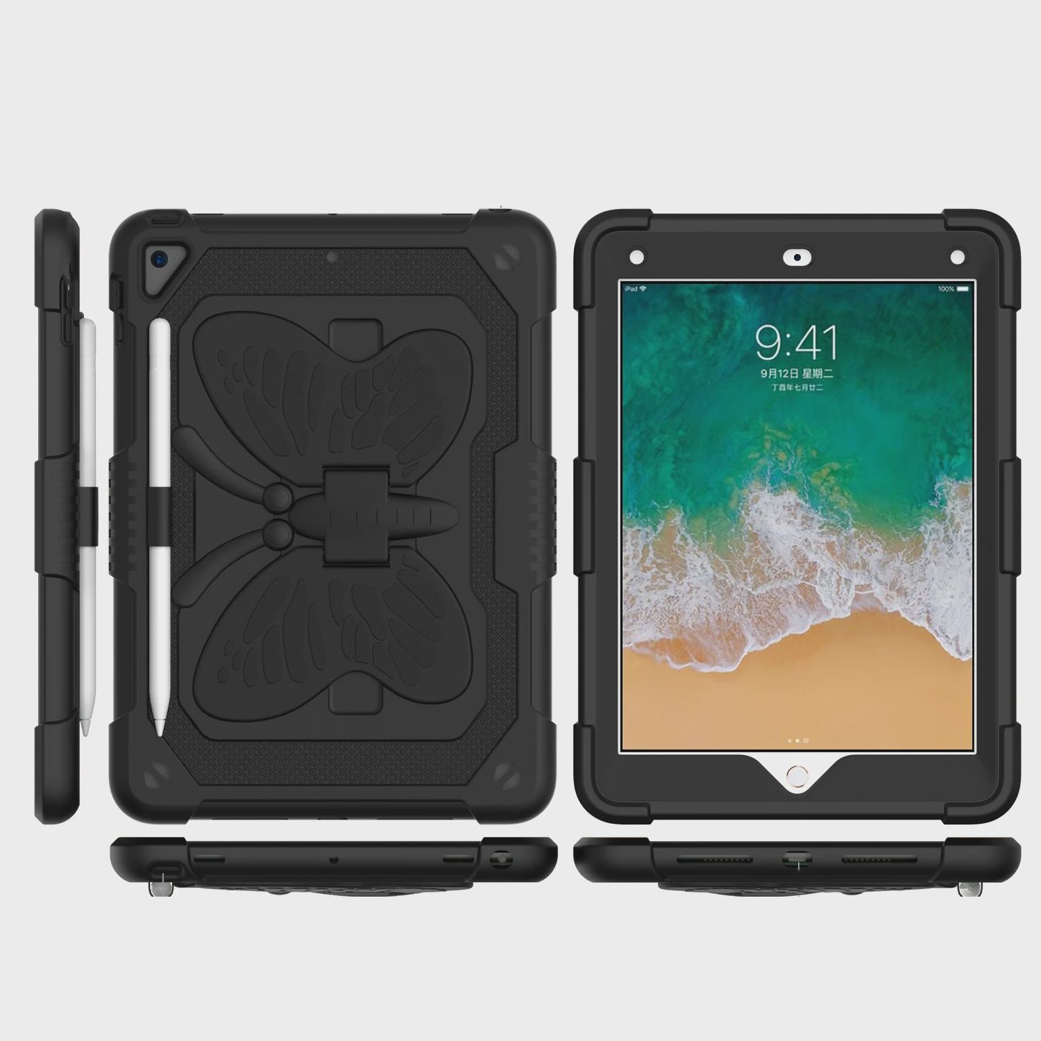 IPad 9.7 inch Butterfly Kickstand 3in1 Tough Hybrid Case Cover with Shoulder Strap - Black/Black