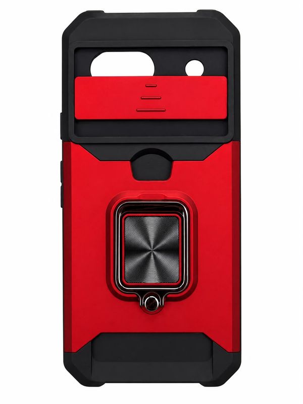 Multi-Functional Card Magnetic Ring Stand Hybrid Camera Case Cover for Pixel 8A - Red