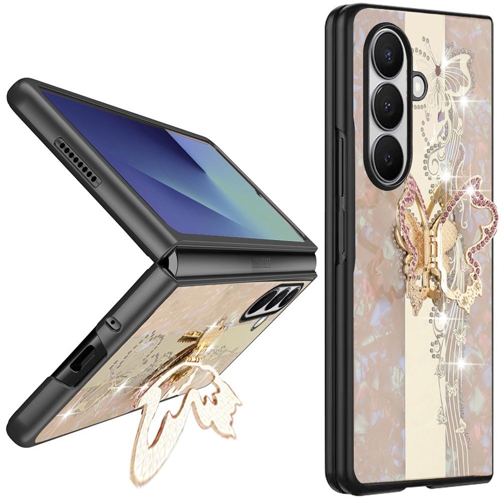 SPLENDID Diamond Glitter Ornaments Engraving Case Cover Samsung Z Fold 8 Ultra - Enchanted Butterfly Gold