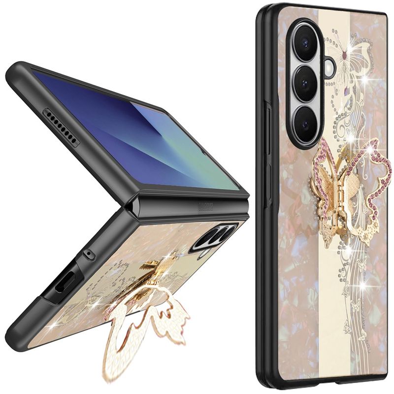 SPLENDID Diamond Glitter Ornaments Engraving Case Cover Samsung Z Fold 8 Ultra - Enchanted Butterfly Gold