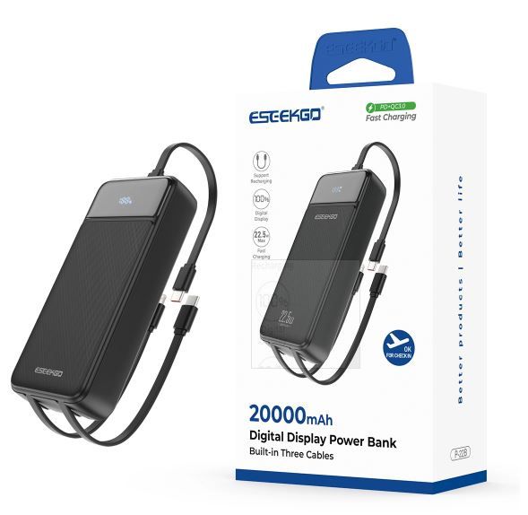 ESEEKGO P-22B PD20W 20000mAh Power Bank With Built-in 3 Cable