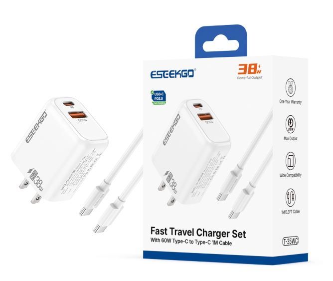 ESEEKGO T-35WC 3.0A 38W QC3.0 A+C Travel Adapter with C-C 60W 3.3FT Data Cable-White