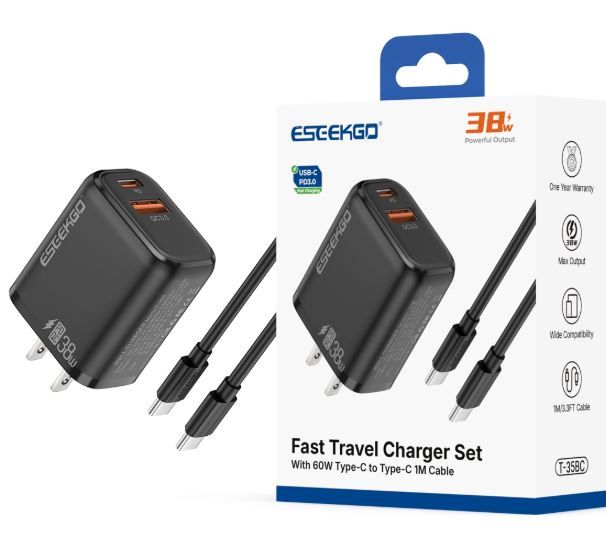 ESEEKGO T-35BC 3.0A 38W QC3.0 A+C Travel Adapter with C-C 60W 3.3FT Data Cable -Black