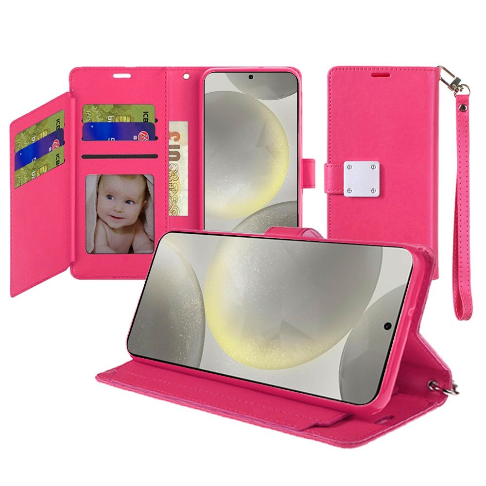 For Samsung s25/s24 Wallet ID Card Holder Case Cover -  Hot Pink