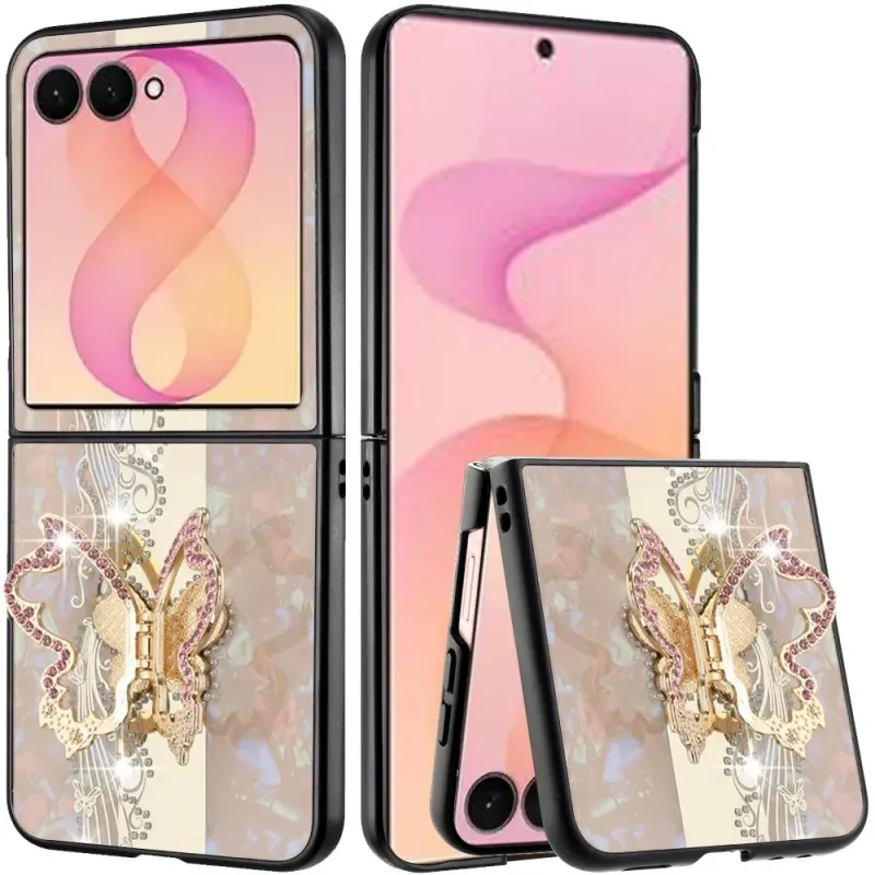 SPLENDID Diamond Glitter Ornaments Engraving Case Cover Samsung Z Flip 8 - Enchanted Butterfly Gold