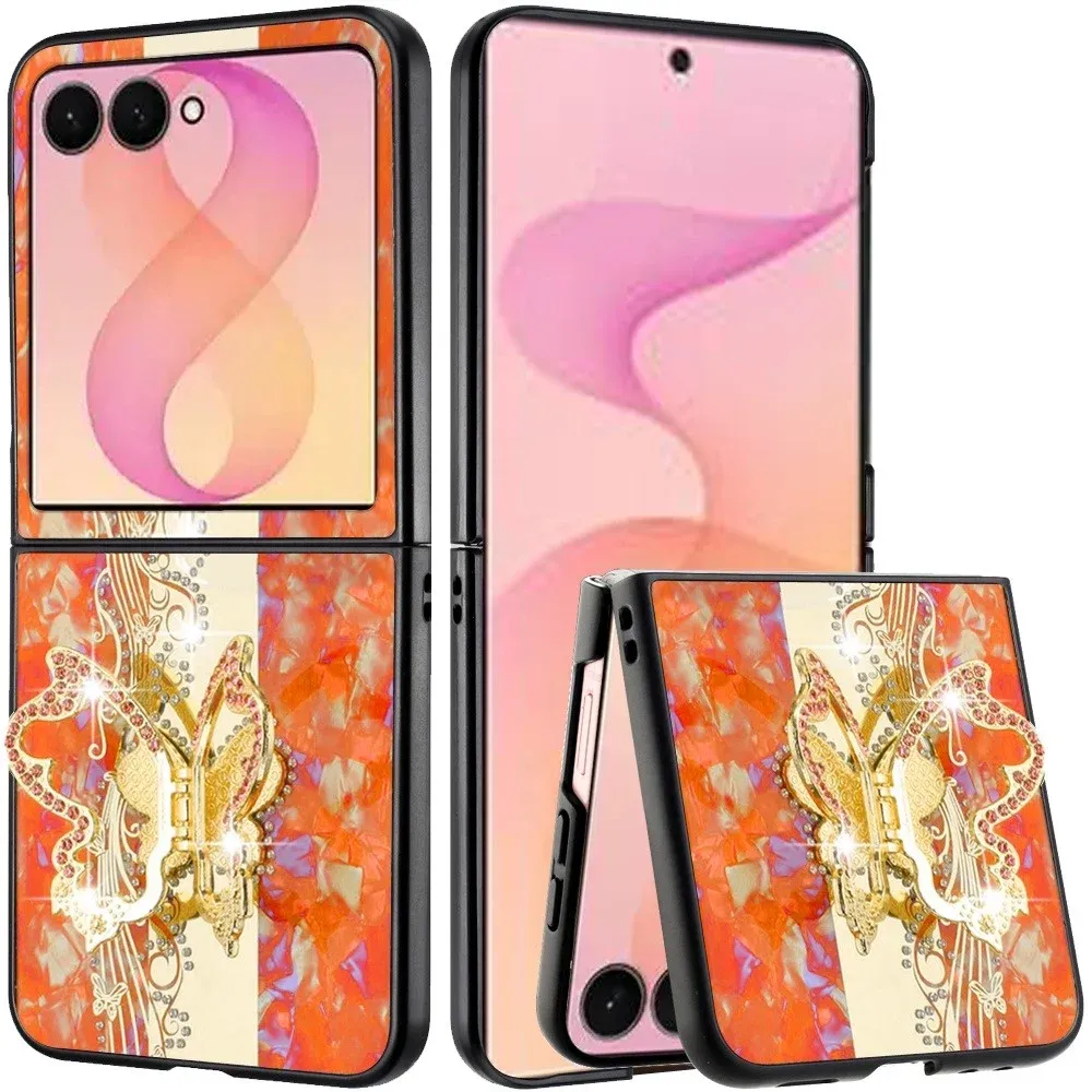 SPLENDID Diamond Glitter Ornaments Engraving Case Cover Samsung Z Flip 8 - Enchanted Butterfly Cosmic Orange