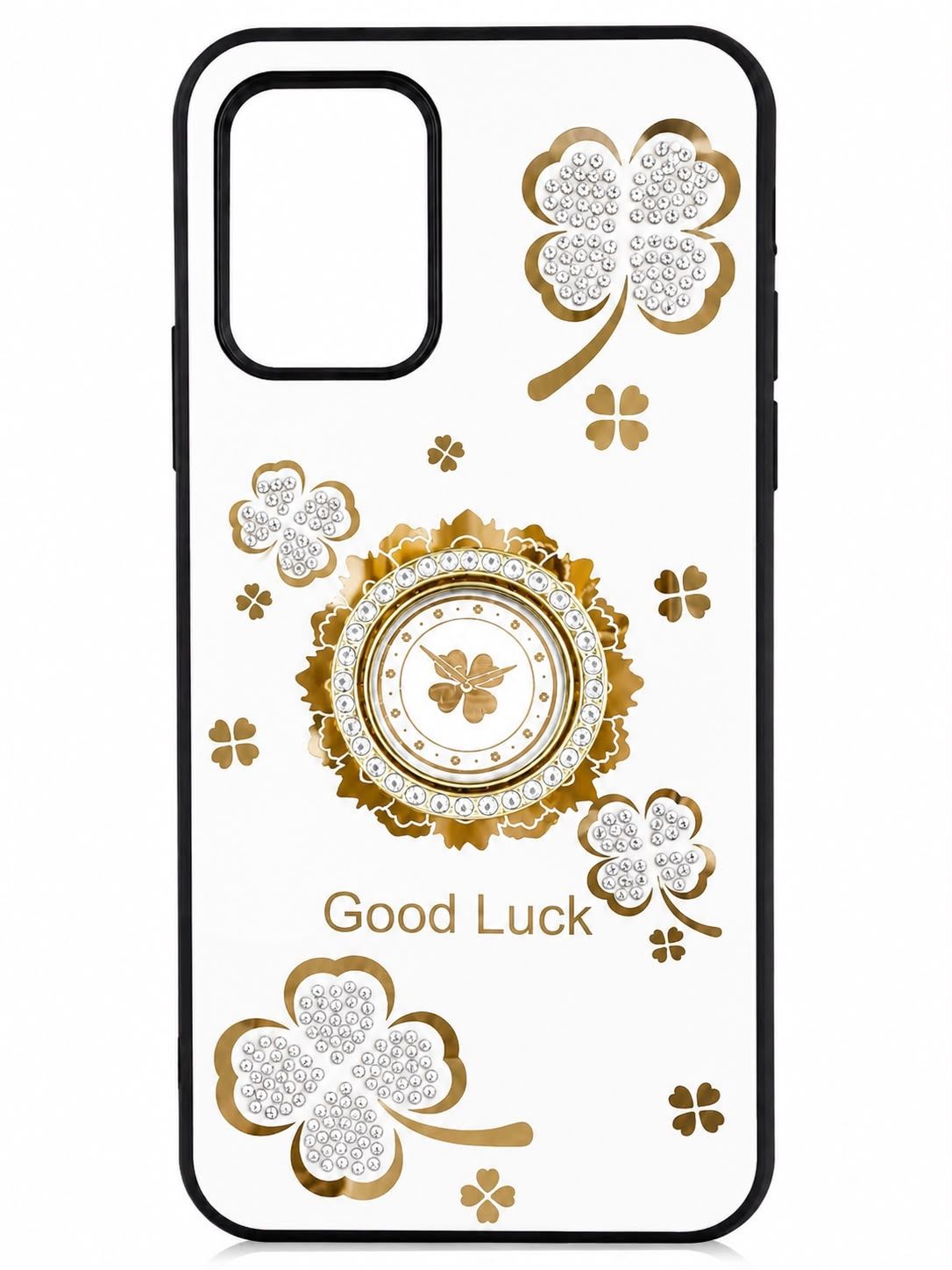 Elegant Good Luck Clover Phone Case with Rhinestone Ring Stand for Moto Edge Plus 2022- White