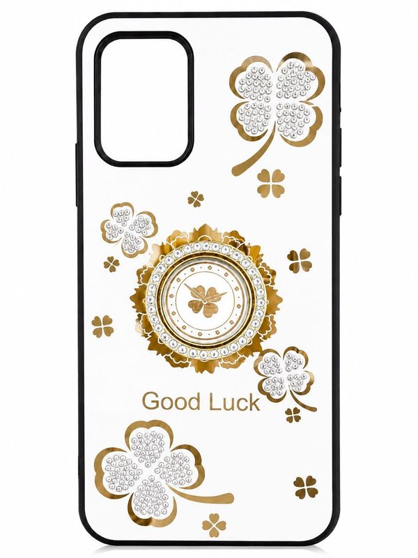 Elegant Good Luck Clover Phone Case with Rhinestone Ring Stand for Moto Edge Plus 2022- White