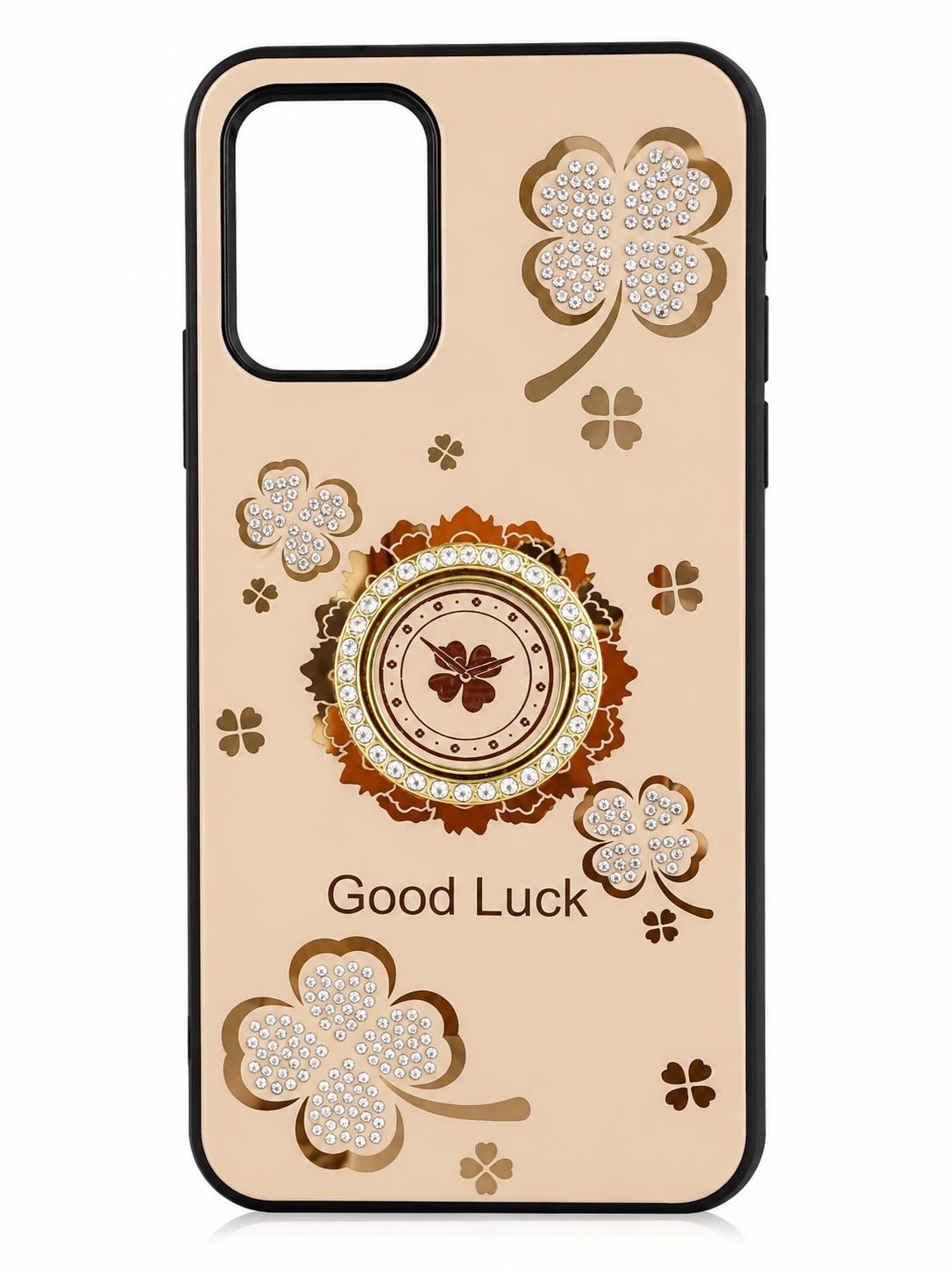 Elegant Good Luck Clover Phone Case with Rhinestone Ring Stand for Moto Edge Plus 2022- Peach