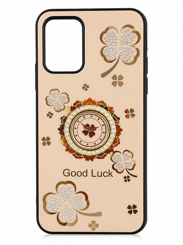 Elegant Good Luck Clover Phone Case with Rhinestone Ring Stand for Moto Edge Plus 2022- Peach