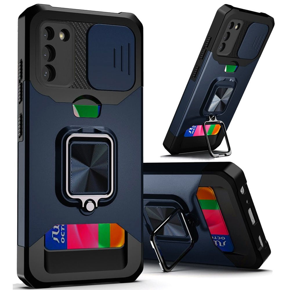 Multi-Functional Card Magnetic Ring Stand Hybrid Camera Case Cover for S21 Ultra- Blue