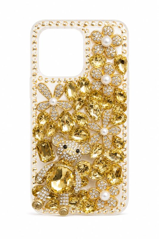 Big Diamond Teddy Bear Crystal Case for Iphone 13 Pro- Gold