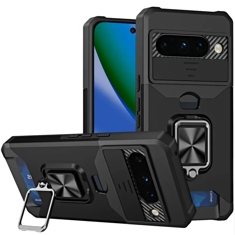 Multi-Functional Card Magnetic Ring Stand Hybrid Camera Case Cover For Google Pixel 11 Pro XL - Black