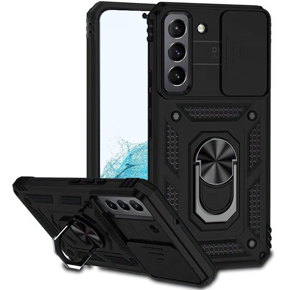 Well Protective Magentic Ring Stand Camera Protective Cover Case  For Samsung Galaxy S22 Plus- Black