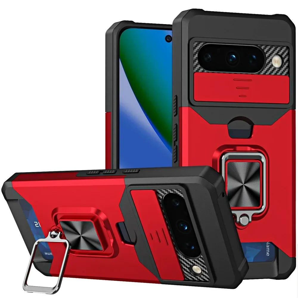 Multi-Functional Card Magnetic Ring Stand Hybrid Camera Case Cover For Google Pixel 11 / 11 Pro - Red