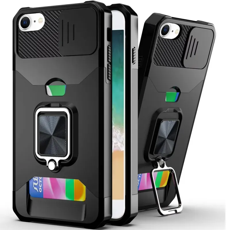 Multi-Functional Card Magnetic Ring Stand Hybrid Camera Case Cover For iPhone 17E / 16E / SE4 - Black