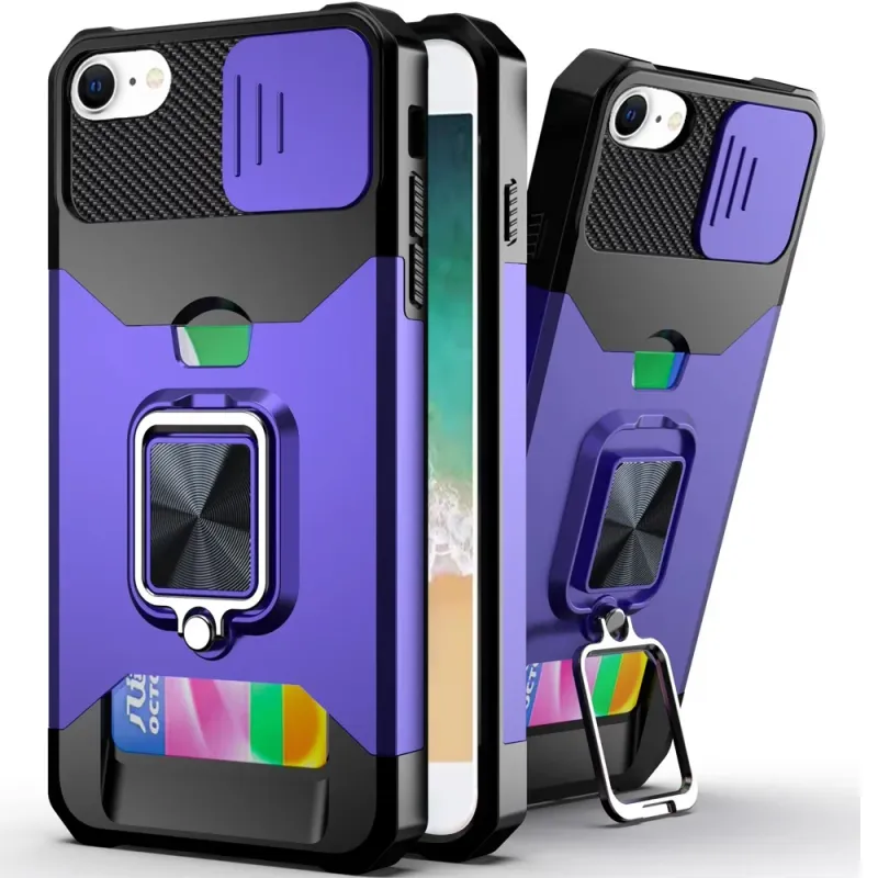 For iPhone 16E / SE4 Multi-Functional Card Magnetic Ring Stand Hybrid Camera Case Cover-Purple