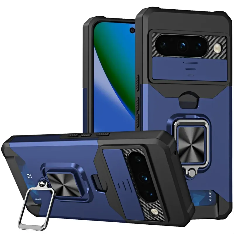 Multi-Functional Card Magnetic Ring Stand Hybrid Camera Case Cover For Samsung Galaxy A57 - Blue