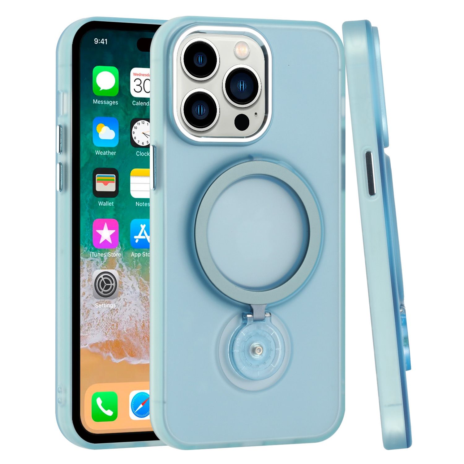 Hoop Kickstand [Magnetic Circle] HD Transparent Chrome Hybrid For Samsung Galaxy S21/S30 6.3inch  - Sky Blue