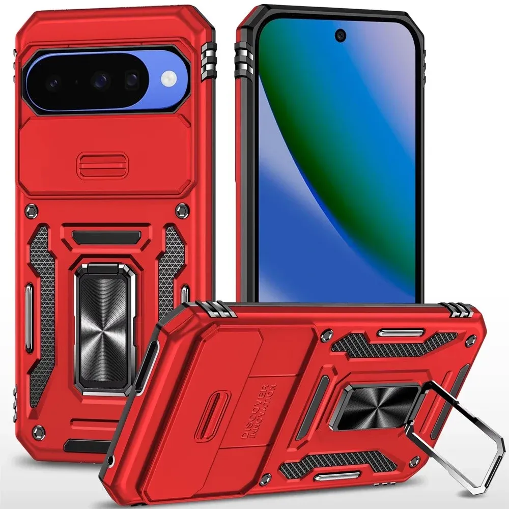 Utter Tough Metal Ring Movable Camera Window Hybrid Case Cover For Google Pixel 11 Pro XL - Red