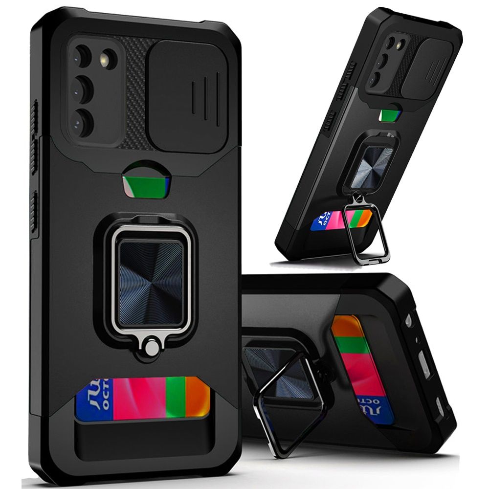 Multi-Functional Card Magnetic Ring Stand Hybrid Camera Case Cover For Samsung Galaxy S21 Plus - Black
