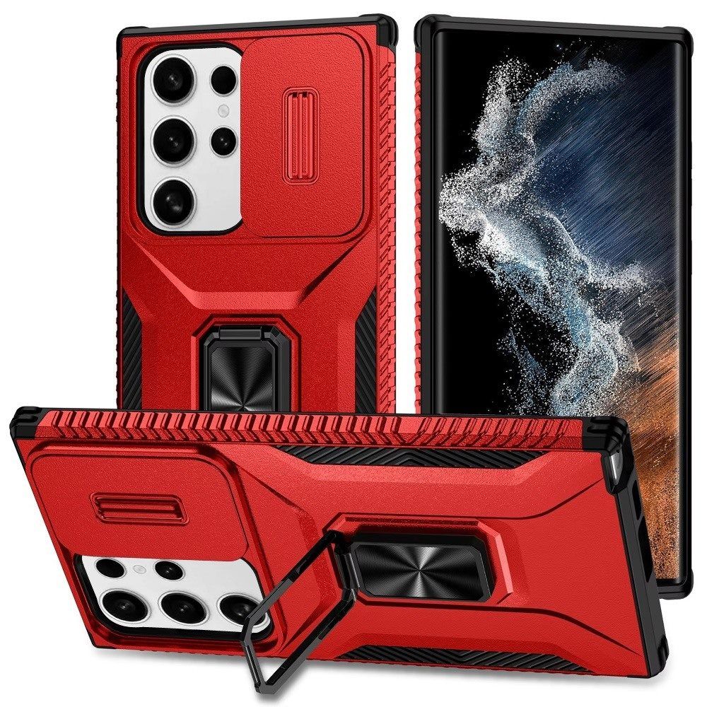 Complete Magnetic Metal Ring Stand Camera Protection Hybrid For Samsung Galaxy S22 Ultra - Red
