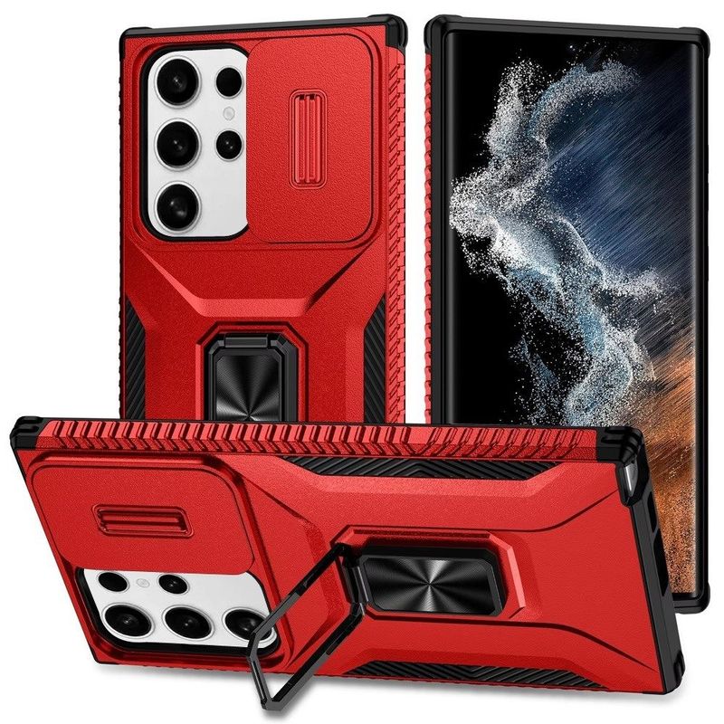 Complete Magnetic Metal Ring Stand Camera Protection Hybrid For Samsung Galaxy S22 Ultra - Red