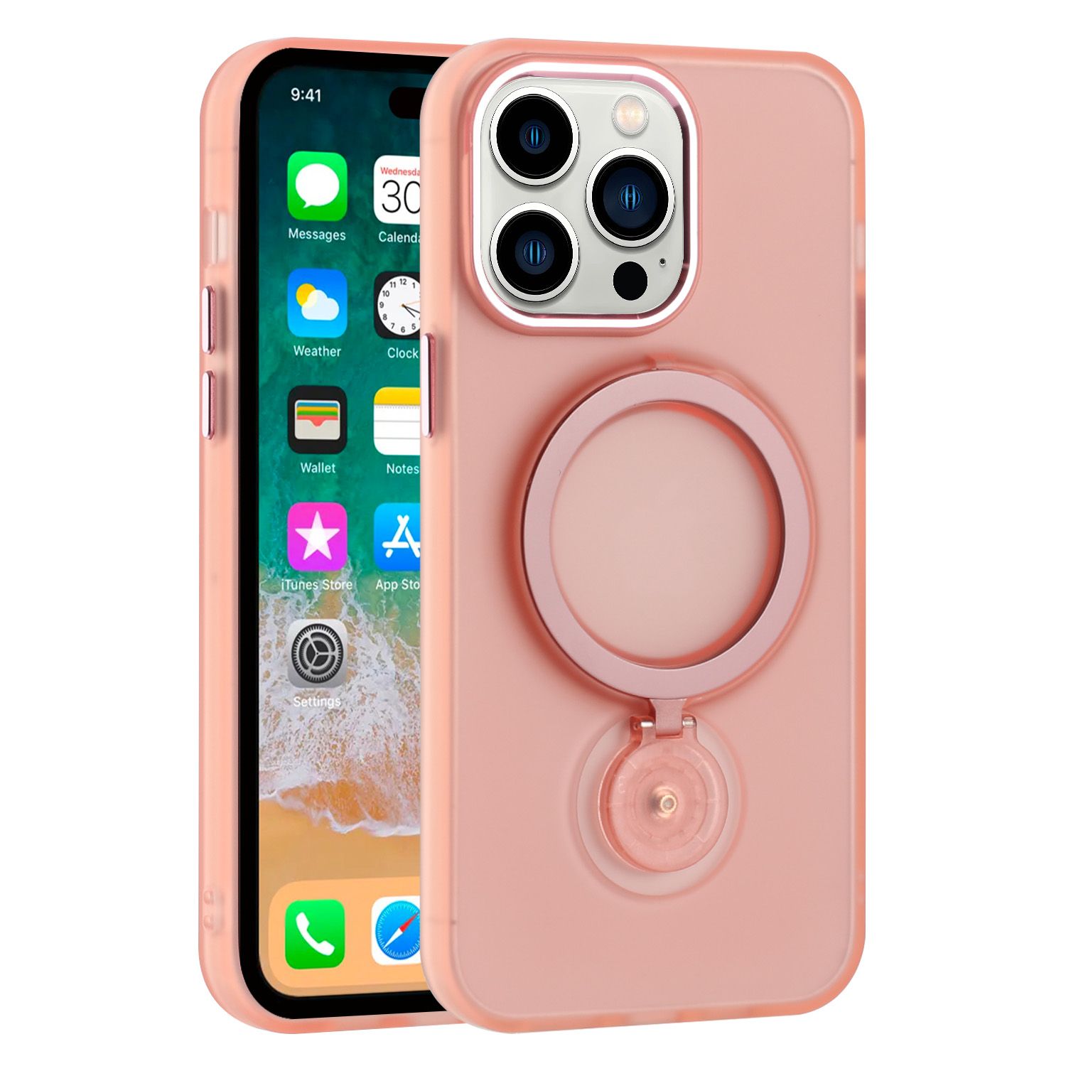Hoop 360 degree Ring Stand HD Transparent Chrome Hybrid Case Cover For Samsung Galaxy S21/S30 6.3inch- Pink