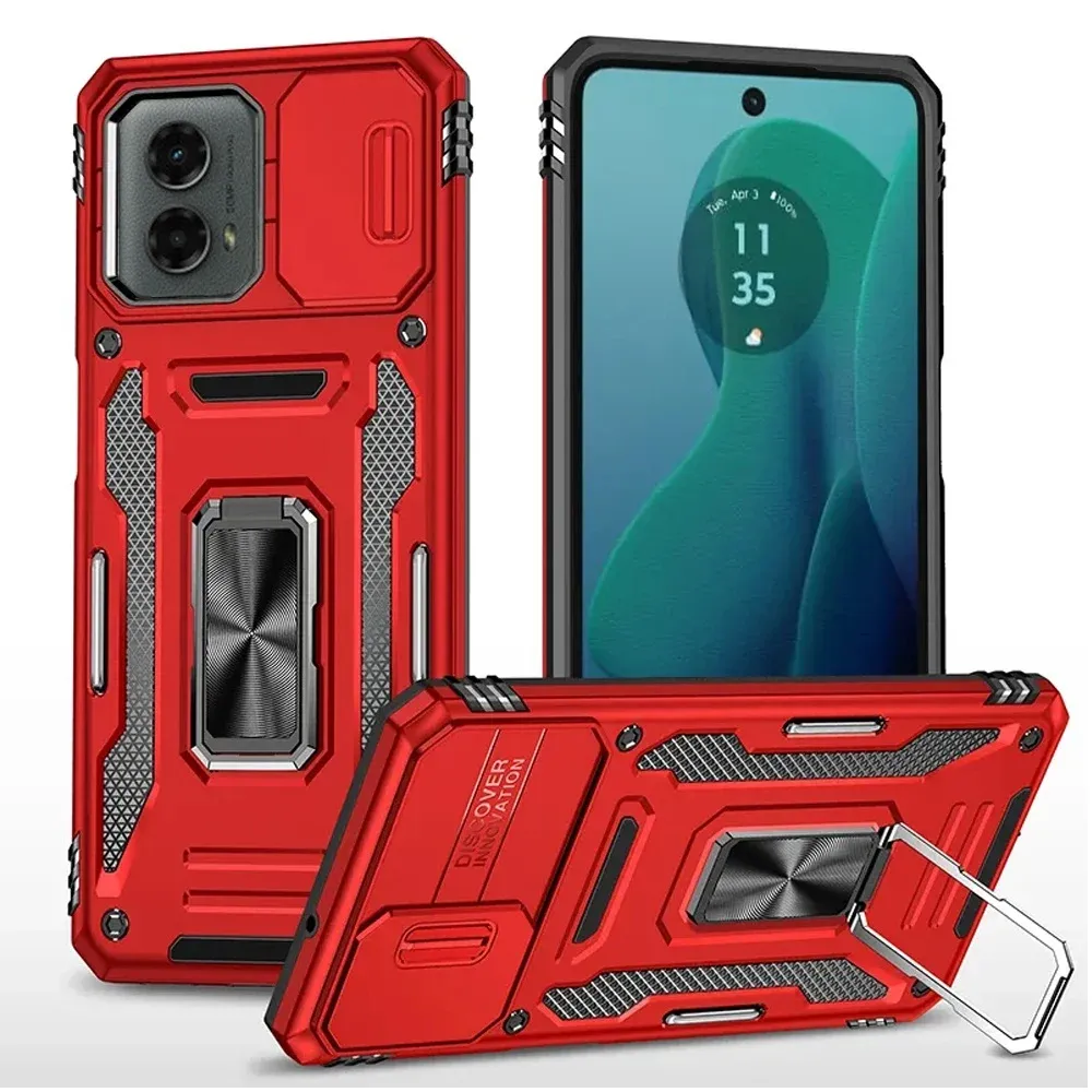 Utter Tough Metal Ring Movable Camera Window Hybrid Case Cover Motorola Moto G 5G 2024 -Red