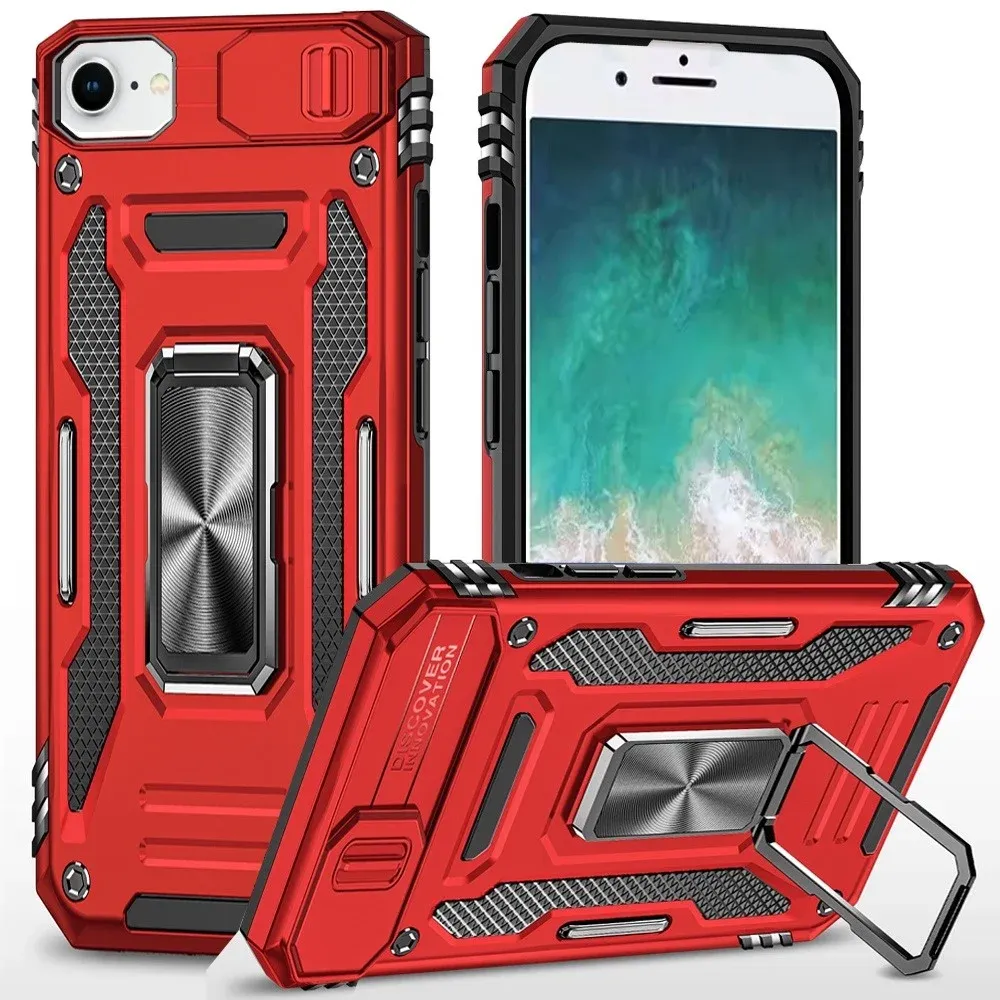 Utter Tough Metal Ring Movable Camera Window Hybrid Case Cover For iPhone 16E / SE4 - Red