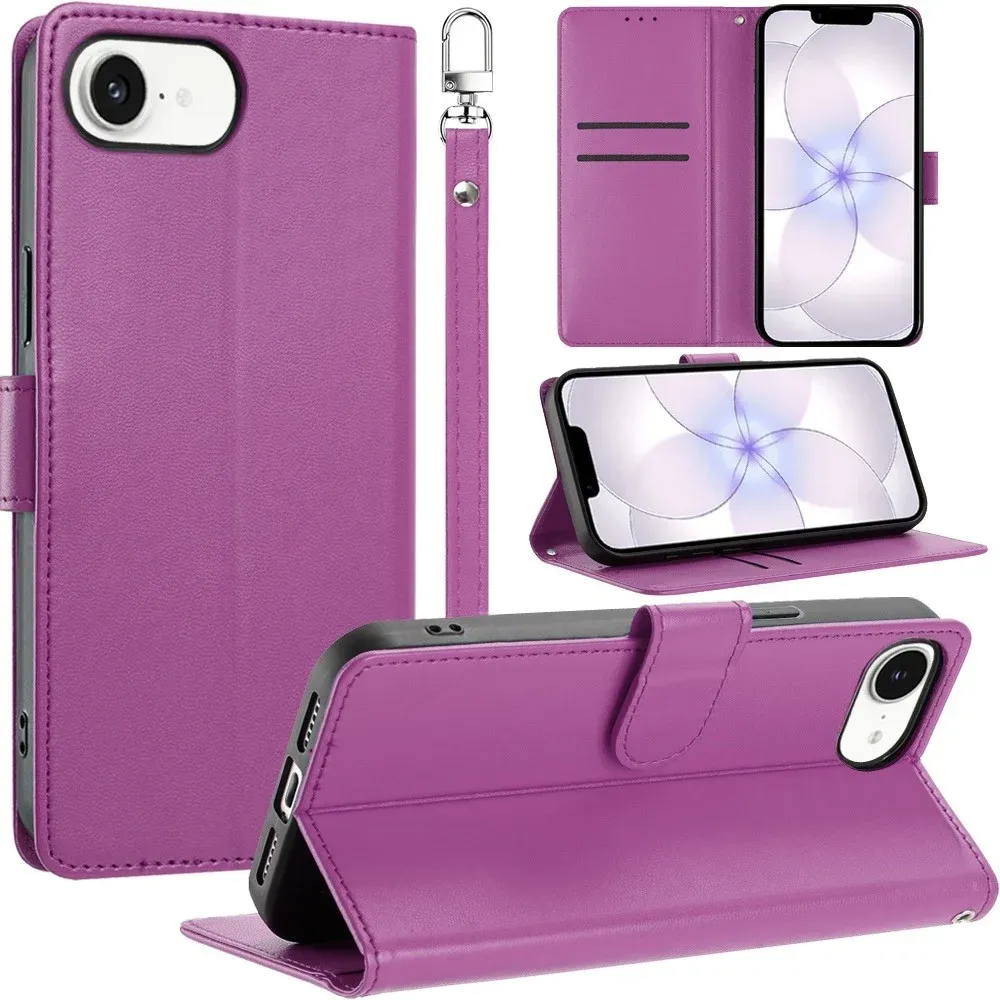 Classic Leather Wallet Folio Case with wrist strap For iPhone 17E / 16E / SE4 - Purple